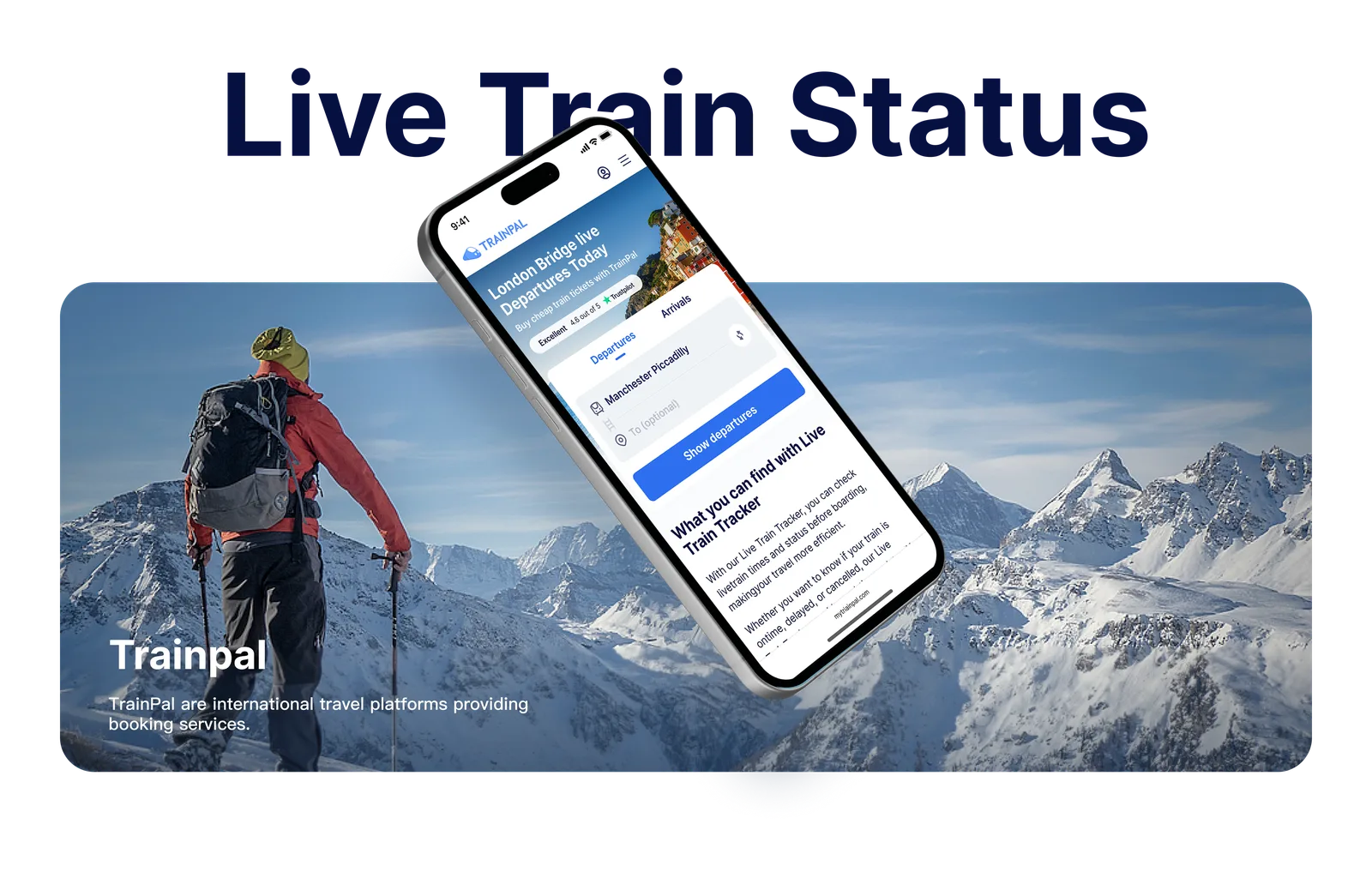 Live Train Status 项目封面:TrainPal 手机界面叠放在欧洲雪山铁路场景上
